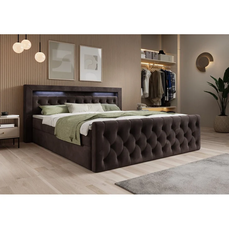 thematys Boxbett LED mit Bettkasten 180x200cm, mit Bonnellfederkernmatratze H3, Bouclé/Velours, mit Stauraum, mit 3 cm Topper, Espresso (Velutto 06), Art.-Nr. S04JN0YROF5 – Bild 1