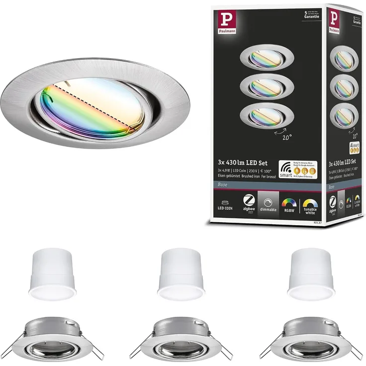 Paulmann 924. 67 LED Einbauleuchte Base Basisset schwenkbar Smart Home Zigbee Coin rund 90mm 20° 3x4,9W 3x420lm 230V dimmbar RGBW+ Eisen gebürstet