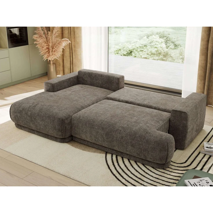 RINA L Design Ecksofa, Schlaffunktion & Stauraum, DL-System, Wellenfedern, Liegefläche 220x155 cm, freistehendes Polstersofa, Schlafcouch - Braun Schenille grob gewebt - Links Seite – Bild 4