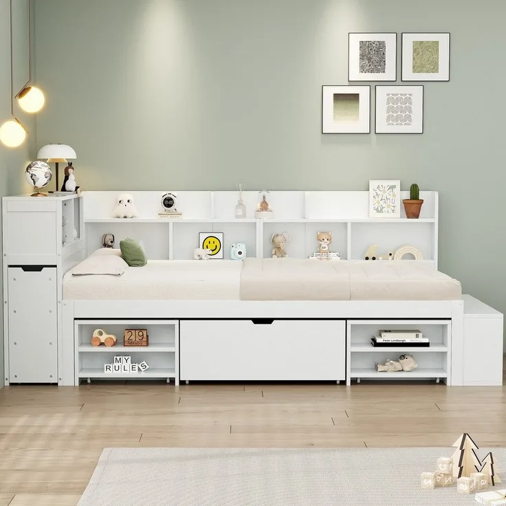 MODFU Kinderbett Einzelbett (Multifunktionales Kinderbett, mit Lattenrost, 90*200cm Inklusive Matratze), mit Schubladen, Bücherregal und Stauschrank