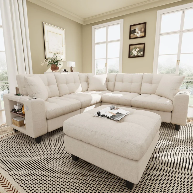 ZUBALIYA Modulare Wohnlandschaft, mit Stauraum, mit USB-C-Anschluss, modular kombinierbar, mit Getränkehaltern, mit Hocker, H 83 × T 216.5 × B 216.5 cm, Beige, Chenille – Bild 2