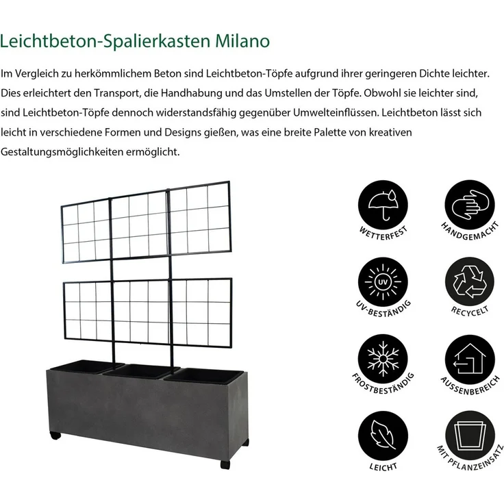 Dehner Blumentopf Milano, ca. 100 x 130 x 35 cm, Rollen/3 Pflanzeinsätzen, Pflanzkasten frostbeständig / UV-beständig / wetterfest, Leichtbeton – Bild 2