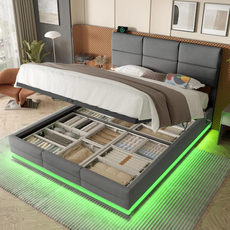 FAVSH Polsterbett 160x200cm mit Stauraum, Doppeltbett Bettrahmen mit LED und Zweiseitige USB/Type-C-Ladefunktion, Bettgestell mit verstellbarem Kopfteil, mit Lattenrost Ohne Matratze, Grau