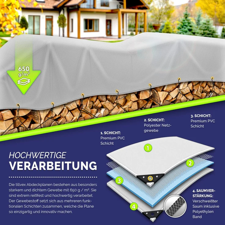tillvex® Abdeckplane Grau 3x4 m mit Ösen + 10 Haken & 15m Seil | Gewebeplane 650g/m² Wasserdicht & Reißfest | Premium PVC-Plane Universell LKW, Pool, Holz Gartenmöbel | Gartenplane Abdeckung – Bild 3