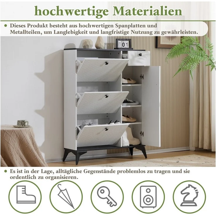 Merax Schuhschrank mit 3 Klappen Schuhregal mit Tür und Schublade,Sideboard Schuhkipper H121/B90/ T25cm – Bild 3