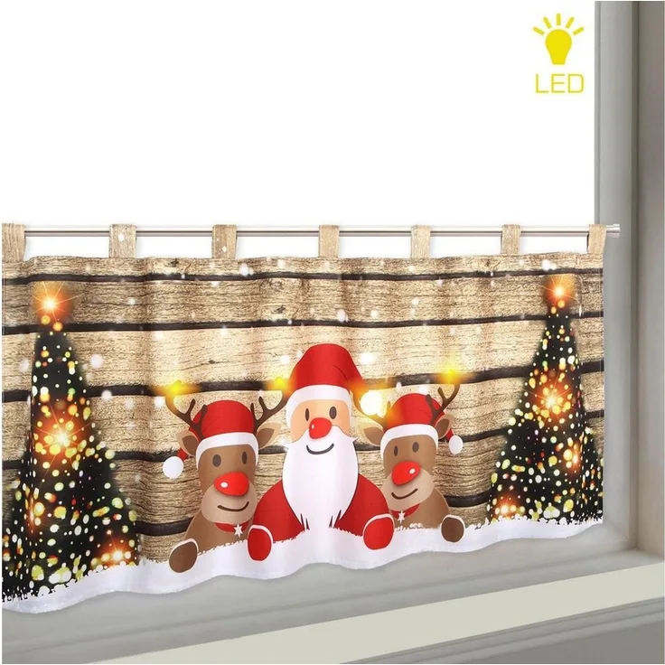 Delindo Lifestyle Scheibengardine WEIHNACHTS-TEAM, 1 Stück, Schlaufen, blickdicht, LED-Beleuchtung (1 St), Schlaufen, blickdicht, Microfaser, HxB: 45x120, mit LED-Beleuchtung