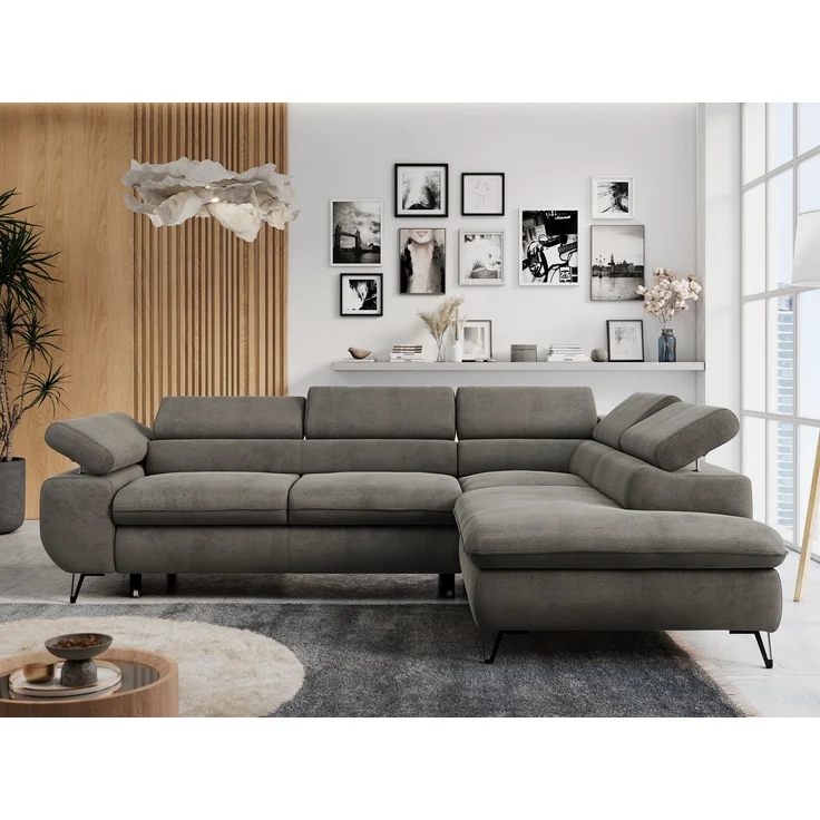 Mks Möbel 'Peter L-form' Ecksofa mit Bettfunktion, Bettkasten & einstellbaren Kopfstützen, Dunkelgrau, Velours, mit Topper, rechts – Bild 1