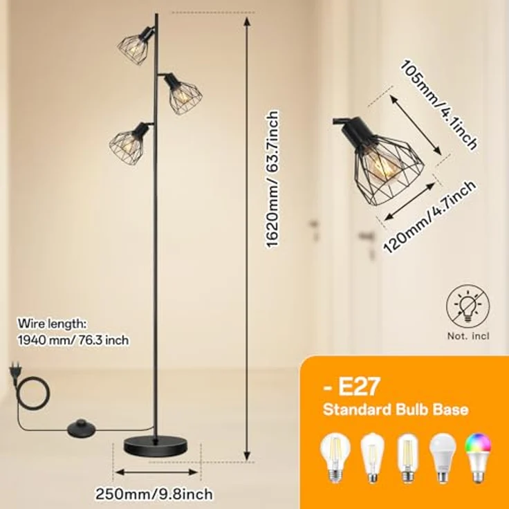 Dehobo Industrial Stehlampe Wohnzimmer Stehlampe Vintage Retro Wohnzimmerlampe Moderne LED E27 Fußsteuerung Leselicht Schwarze Einstellbare Stehleselampe für Schlafzimmer Esszimmer Ecke Ohne Glühbirne – Bild 6