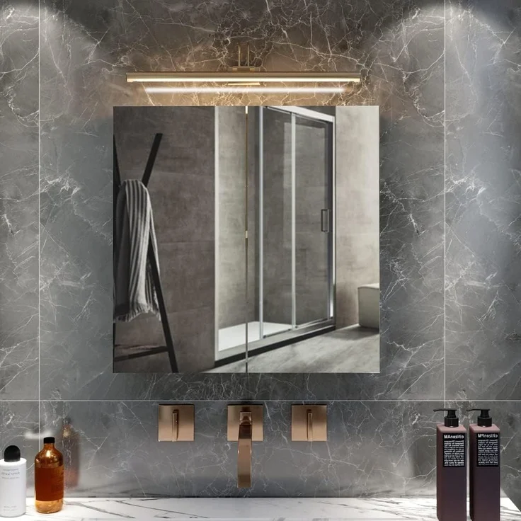 Meerveil Spiegelschrank, Badezimmerspiegel mit 2 Türen 2 Einlegeböden Holz Moderner Stil, 45 x 13 x 45 cm Weiß, FYMC14WT-G2N, Weiß - Rechter – Bild 2