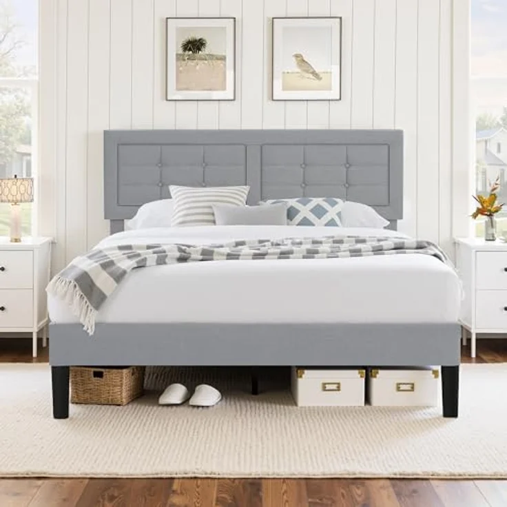 VECELO Polsterbett 140x200 cm, Doppelbett mit Höhenverstellbarem Kopfteil, Bett Bettrahmen mit Lattenrost, Gepolstertes Bettgestell Jugendbett für Schlafzimmer Gästezimmer, Hellgrau – Bild 2
