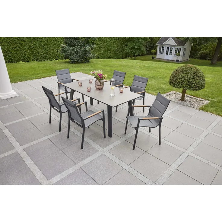 2SUNREST Esstisch 90x180, Platte Glas mit KeramikbeschichtungBetonoptik, Alugestell anthrazit