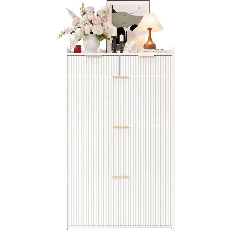 ZUBALIYA Schuhschrank (80 x 25 x 135 cm), 3 Klappfächer und 2 Schubladen, Aus Spanplatte, Stauraum für Flur und Eingangsbereich, Weiß – Bild 12