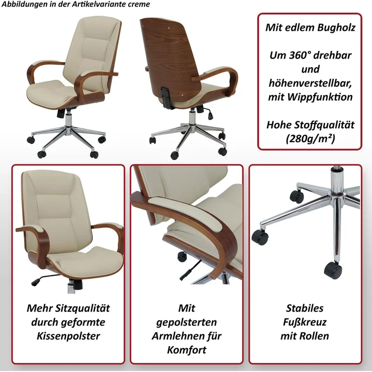 Bürostuhl HWC-O83, Drehstuhl Chefsessel, Kunstleder (280g/m²) Bugholz FSC®-zertifiziert Walnuss-Optik ~ creme – Bild 2