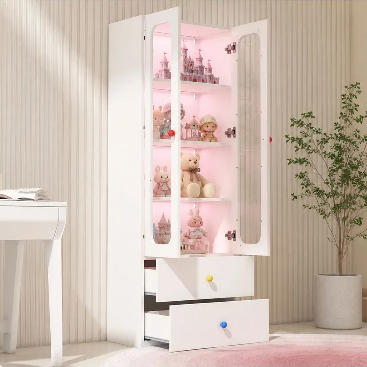 Vitrine 60x35x170 cm in Weiß mit Glastüren, LED-App-Steuerung und 2 Schubladen