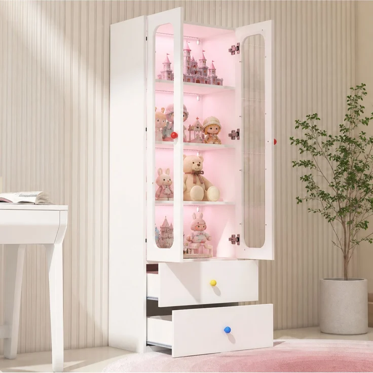 Vitrine 60x35x170 cm in Weiß mit Glastüren, LED-App-Steuerung und 2 Schubladen – Bild 1