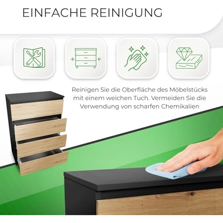CDF Kommode Anthrazit Artisan mit 4 Schubladen 97 cm Hoch Sideboard Schmale Komode Schlafzimmerkommode für Flur Büro Schlafzimmer Wohnzimmer Schubladenschrank Regal mit Schubladen Schrank Möbelstück – Bild 7