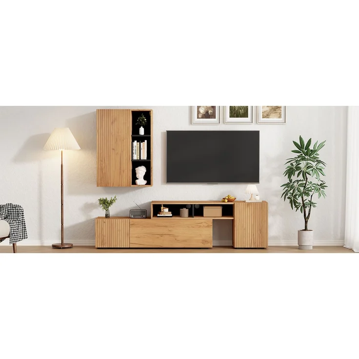 TV Wohnwand-set mit Vitrine (Komplett-Set, 2-St),Mediawand inkl. TV-Board -set und Standregal,TV Wohnzimmermöbel-Set,flexible Länge TV-Schrank bis 265 cm,stehend&hängend,TV bis 120',Holzfarbe+Schwarz--Eiche--100.69x62.23x15.75cm--YOUDENOVA – Bild 7