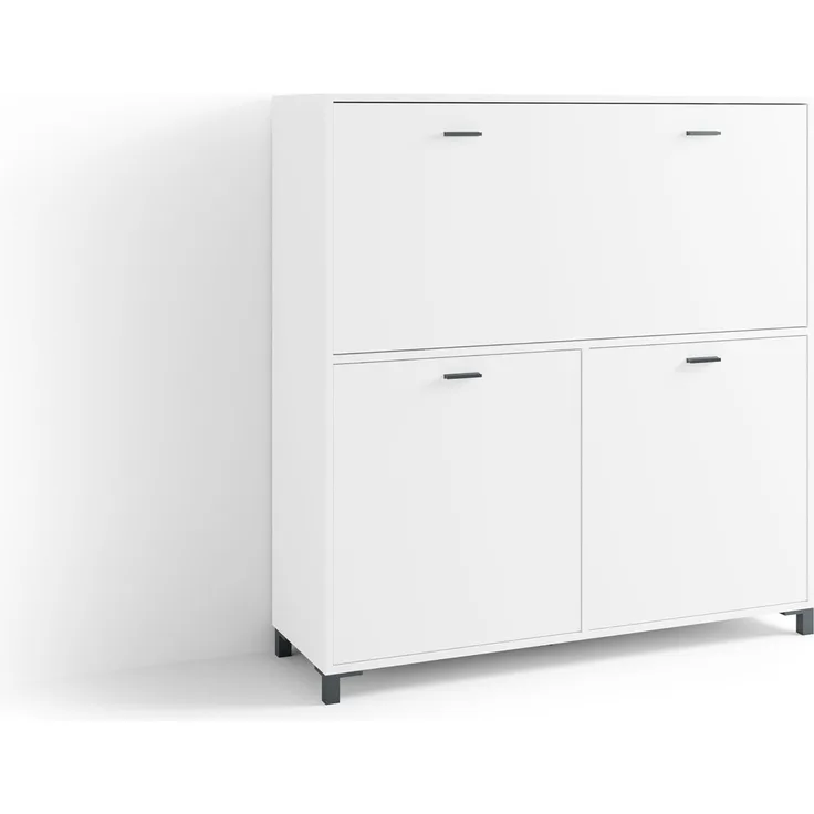 byLIVING Sekretär Montana/Sekretär matt weiß/Office-Schrank mit 1 Klappe und 2 Türen/Schwarze Griffe/B 120, H 127, T 40 cm