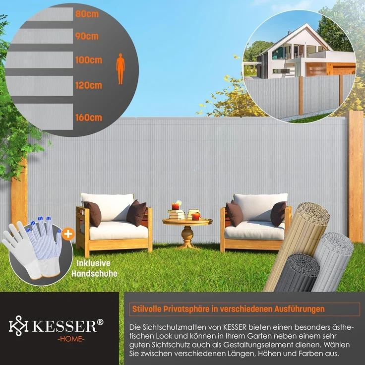 KESSER® PVC Sichtschutzmatte Sichtschutzzaun 160x500 cm | Balkonverkleidung Windschutz | verstärkte Lamellen für Garten Balkon & Terrasse | Balkonumrandung inkl. Kabelbindern & Abdeckung Hellgrau – Bild 3