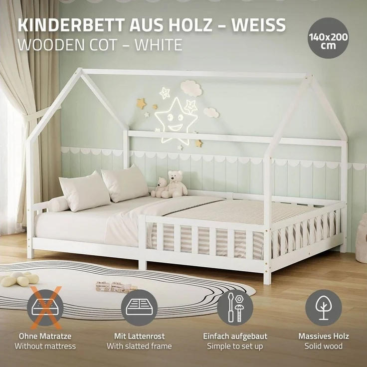 ML-DESIGN Spielbett Hausbett Kinderbett inkl. Lattenrost kreativ Bodenbett für Kinder, Abenteuerbett zum Spielen mit Rausfallschutz Kiefer Weiß Himmelbett – Bild 2