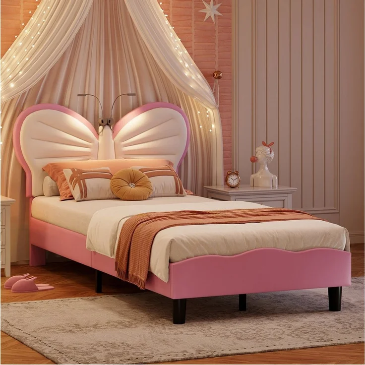FUROKOY Polsterbett Kinderbett Jugendbett mit Schmetterlings-Kopfteil, Kopfteil hochstellbar, Einzelbett mit Lattenrost,90x200cm,Rosa + Weiß – Bild 3