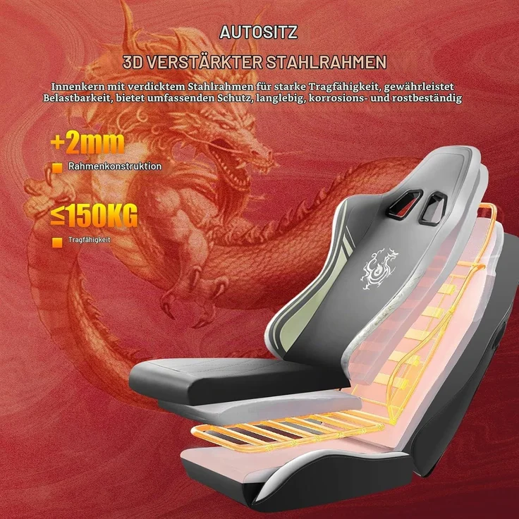 GTPLAYER Gaming Stuhl Gamer Stuhl mit Bluetooth-Lautsprechern und Fußstütze, Dragon Series Bürostuhl, Ergonomischer Drehsessel, Computerstuhl 150KG, grau – Bild 8