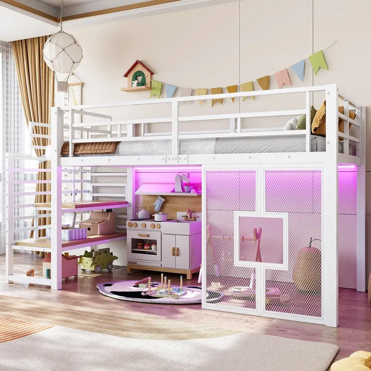 Hochbett mit LED-Streifen, Lattenrost, Rausfallschutz und Fenstern, Treppe mit Regal, 90x200 cm, Einzelbett, Kinderbett, Metall – Bild 4