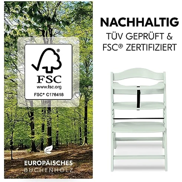Hauck Kinder Hochstuhl Alpha+ - Mitwachsender Holz Babystuhl (FSC zertifiziert), Kinderhochstuhl ab 6 Monate, verstellbar, mit Schutzbügel, Schrittgurt und 5-Punkt-Gurt - Mint – Bild 6