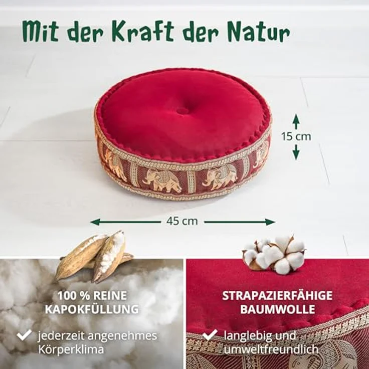 livasia Meditationskissen Zafukissen groß (Deluxe) vegan und handgefertigt, 44x15cm, Kapok – Bild 5