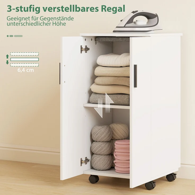2-in-1 faltbarer Bügelbrettschrank auf Rollen mit Bügelbrett und verstellbarem Regal für kleine Räume, Weiß--Weiß--83x43x99.5cm--YOUDENOVA – Bild 8