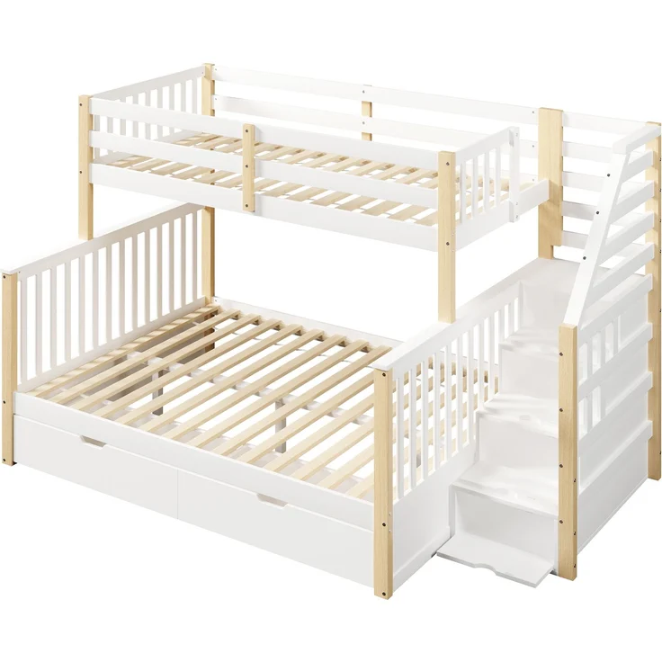 Merax Etagenbett, Hochbett, 90 x 200cm & 140 x 200cm mit Schubladen, Stauraum, ohne Matratze, multifunktional, Weiß+Natur – Bild 7
