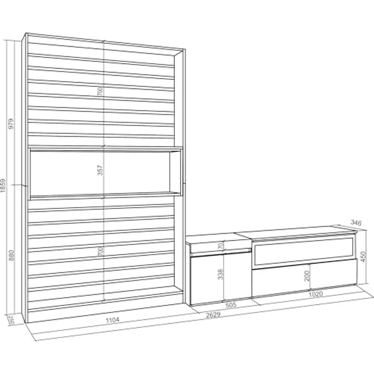 Skraut Home | Wohnwand Wohnzimmer | Wohnzimmermöbel, Möbelset | 260x186x35cm | Für TV-Geräte bis zu 65" | Elektrokamin. | Moderner Stil | Eiche Schwarz – Bild 3