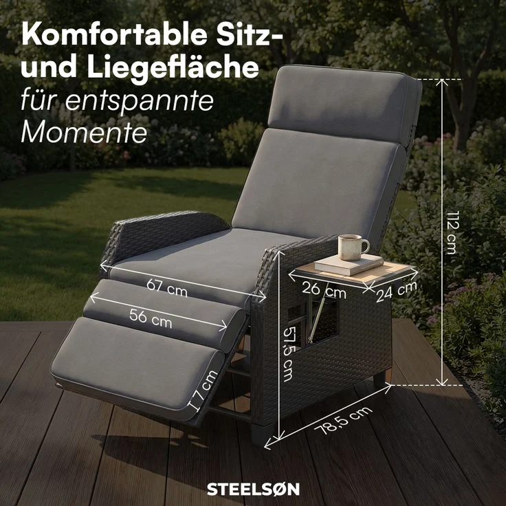 STEELSØN 'Caelum' Polyrattan Sessel mit Liegefunktion, schwarz/Akazie, verstellbare Rückenlehne, inkl. Polster, Ausklapptisch, wetterfest – Bild 8