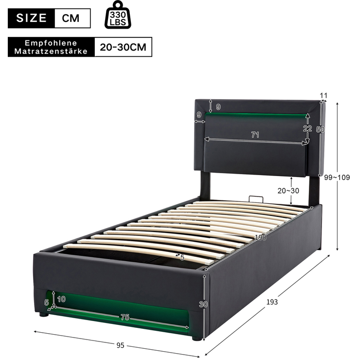 ZUBALIYA Polsterbett 90 x 190 cm mit LED-Beleuchtung, USB-Anschluss, Lattenrost, Kunstleder (PU), Schwarz – Bild 8