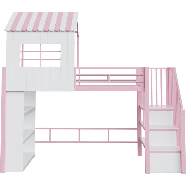 Merax Hochbett 90×200 cm, Kinderbett, Jugendbett, Hausdesign, Mehrstöckiges Stauraumregal, Sichere Treppe (montierbar links/rechts), Rosa – Bild 8