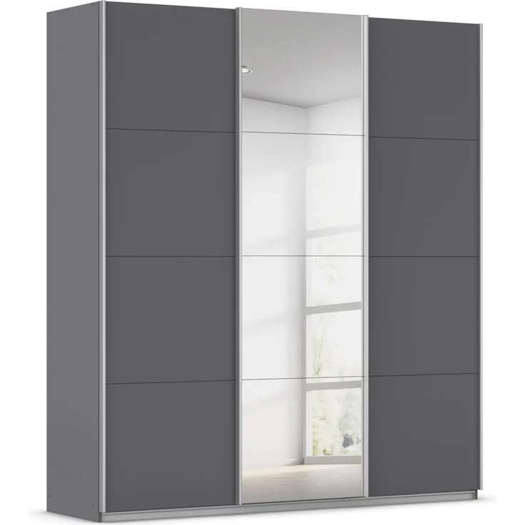 Rauch Möbel KULMBACH, Schwebetürenschrank, Grau metallic, Breite 203 cm | Kleiderschrank mit Schwebetüren, Schiebetüren, 3-türig, mit Spiegel, Zubehör Premium, Schlafzimmer, Jugendzimmer, Garderobe