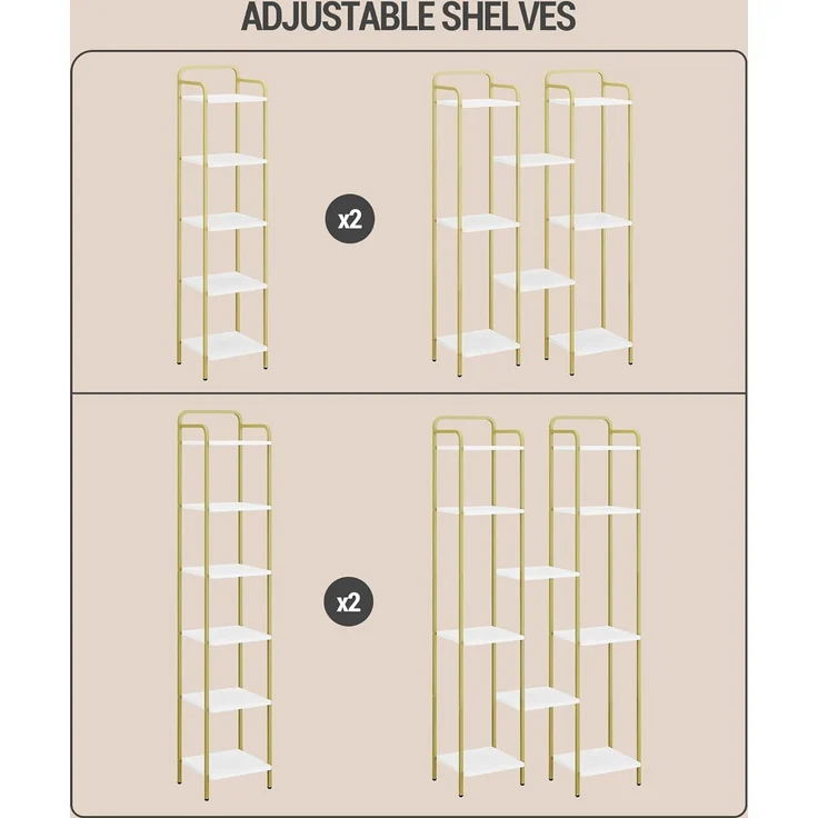 Bücherregal, Regal, Standregal, Schmales Bücherregal, Industrielles Eckregal, Schlankes Regal für Heimbüro, Wohnzimmer, Schlafzimmer, Küche, 6 Ebenen Weiß-Gold – Bild 9