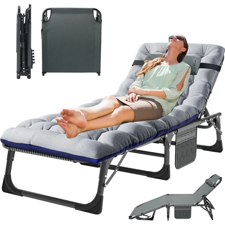 Meulbaty Liege Klappbar – 200 kg Tragkraft, klappbare Gästebett mit Matratze, Seitentaschen, Verstellbarer Kopfstütze und Rückenlehne – Sonnenliege für Büro, Terrasse, Garten, Camping und Sonnenbaden
