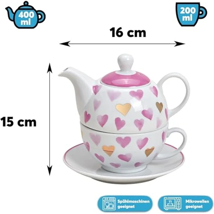 matches21 HOME & HOBBY Teekanne Tea for One Tee Set Herzen rosa gold, 0.6 l, (1-St) – Bild 2