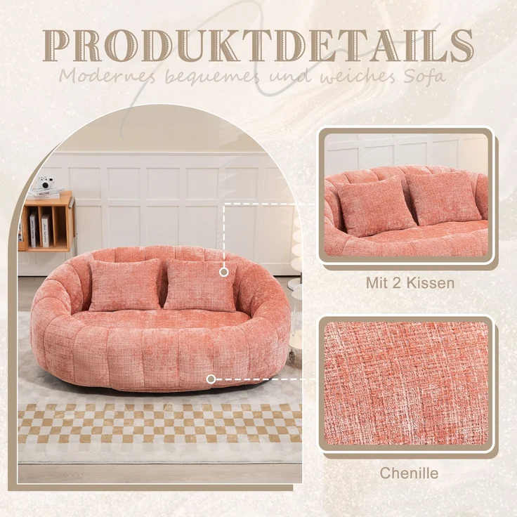 LVHOM Sitzsack XXL, Bean Bag mit Sitzpuff, Bodensofa mit 2 Kissen, 2-Sitzer-Sofa aus Chenille, 145x95x63cm – Bild 5
