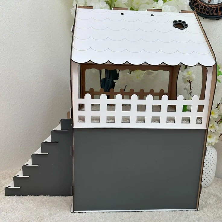 Jungengel Tierhaus Zweistöckiges Katzenhaus aus MDF – Anthrazit & Weiß – in XL, XXL, 3XL, Werkzeugloser Aufbau, Doppelgeschossig, Treppe, Balkon, Katzenöffnung – Bild 5