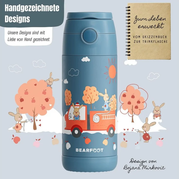 BEARFOOT Trinkflasche Thermo Kinder Trinkflasche Edelstahl - Feuerwehr Hase blau, Thermosflasche, auslaufsicher, Edelstahl, Kinderflasche, BPA-frei – Bild 4