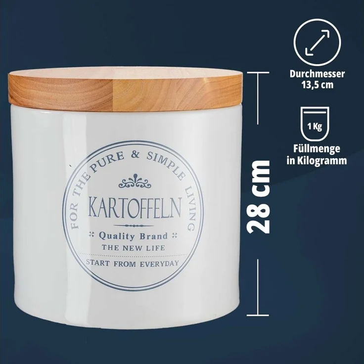 KHG Kartoffeltopf Keramik Steingut Weiß Holzdeckel Bambus, Kartoffel Aufbewahrung, Kapazität 10 Liter, Kartoffelbehälter rund, atmungsaktive Luftlöchern & Beschriftung, spülmaschinengeeignet – Bild 3