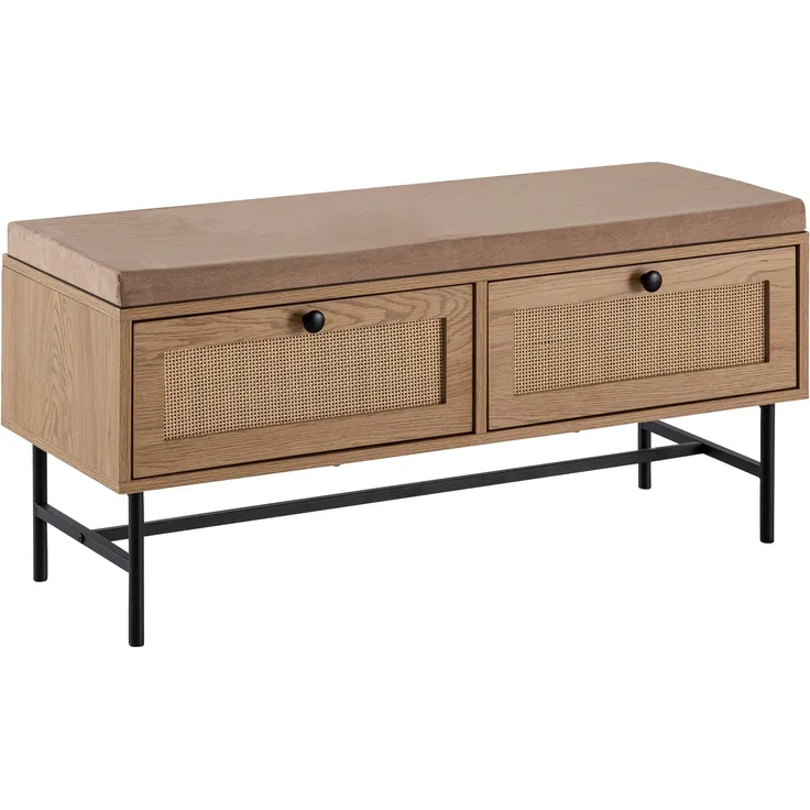 Schuhbank Eiche-Dekor 100x48x38cm mit Stauraum Rattan Sitzfläche Schubladen Flur