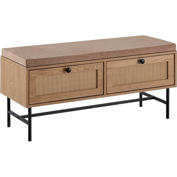 Schuhbank Eiche-Dekor 100x48x38cm mit Stauraum Rattan Sitzfläche Schubladen Flur – Bild 1