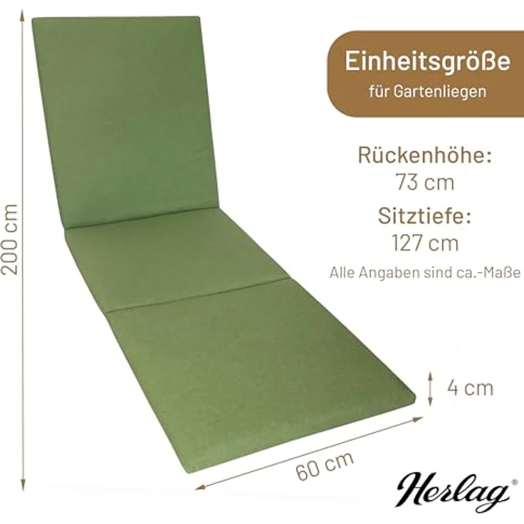 Herlag Liegenauflage Sunny, Auflage für Gartenliege 200 x 60 x 4 cm Wetterfest Bezug Waschbar Oliv – Bild 4