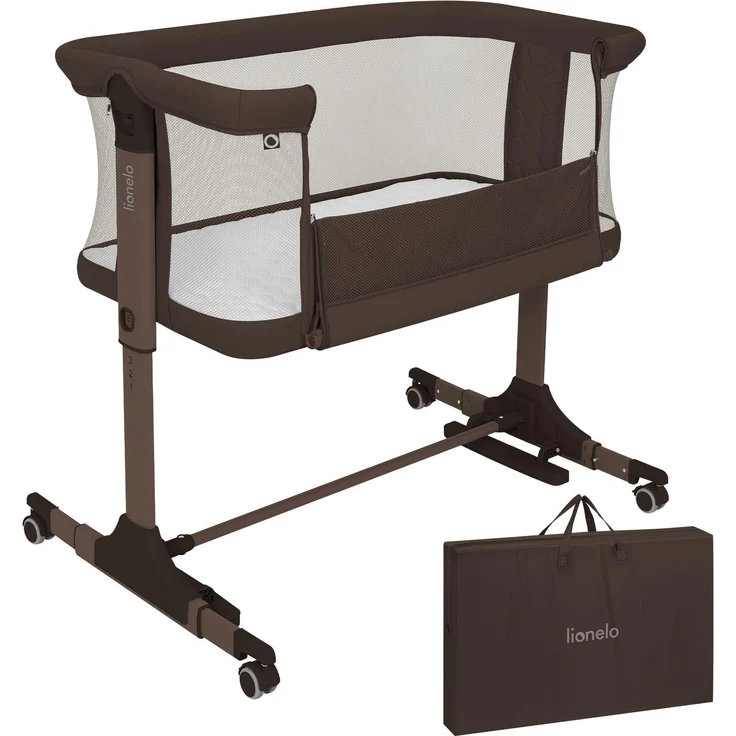 Lionelo Pari Beistellbett 3in1, 6-Fach höhenverstellbar mit Neigungsverstellung für Boxspringbett, als Wiege & Babybett, Netzseiten, Rollen mit Bremse, Matratze, Gurte, Transporttasche, 84 x 48 cm