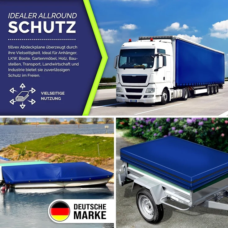 tillvex® Abdeckplane Blau 4x8 m mit Ösen + 10 Haken & 15m Seil | Gewebeplane 650g/m² Wasserdicht & Reißfest | Premium PVC-Plane Universell LKW, Pool, Holz Gartenmöbel | Gartenplane Abdeckung – Bild 6