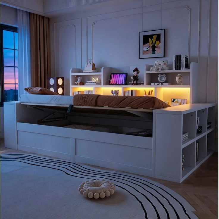 Schlafsofa mit hydraulischem Stauraum & LED-Beleuchtung, 90x200 cm, Weiß, ohne Matratze – Bild 2