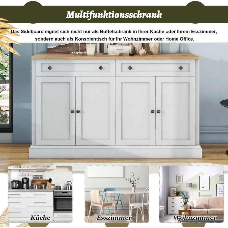 Sideboard Weiß mit Naturholz-Optik, 4 Türen 2 Schubladen, großer Stauraum, Wohnzimmer Anrichte Buffetschrank – Bild 5